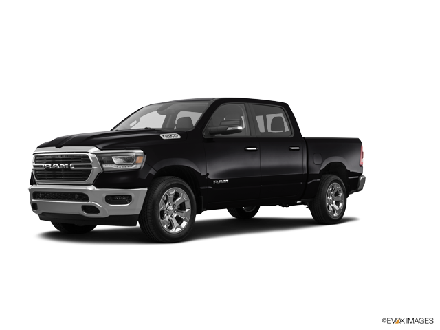 2019 Ram 1500 truck in Diamond Black Crystal Pearlcoat Color, Front Side View