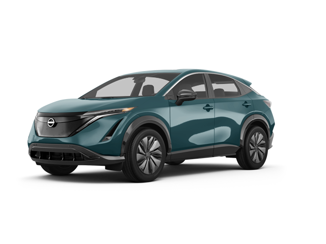 2025 Nissan Ariya Evolve+, front three-quarter view, paint 1 of 8