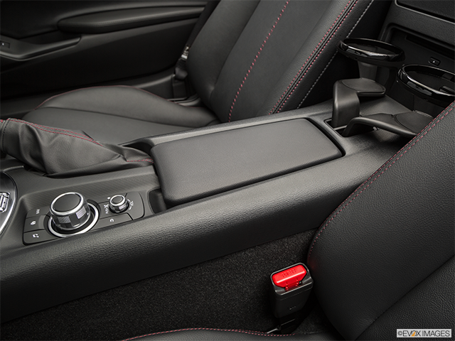 2018 Mazda MX-5 | Front center console with closed lid, from driver’s side looking down