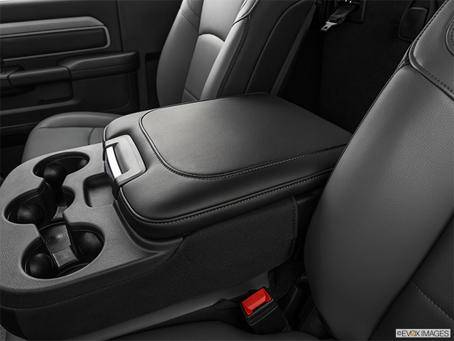 2019 Ram Ram 3500 | Front center console with closed lid, from driver’s side looking down