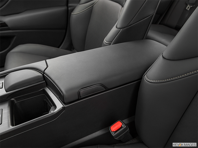 2022 Lexus ES 350 | Front center console with closed lid, from driver’s side looking down