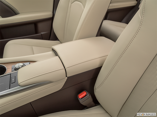 2022 Lexus RX 450hL | Front center console with closed lid, from driver’s side looking down