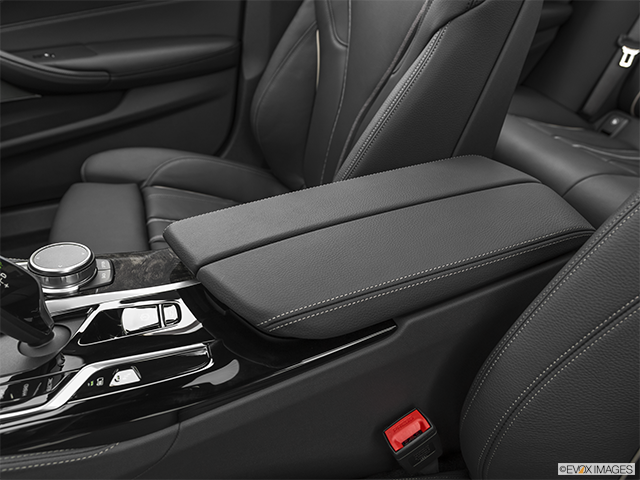2022 BMW 5 Series | Front center console with closed lid, from driver’s side looking down
