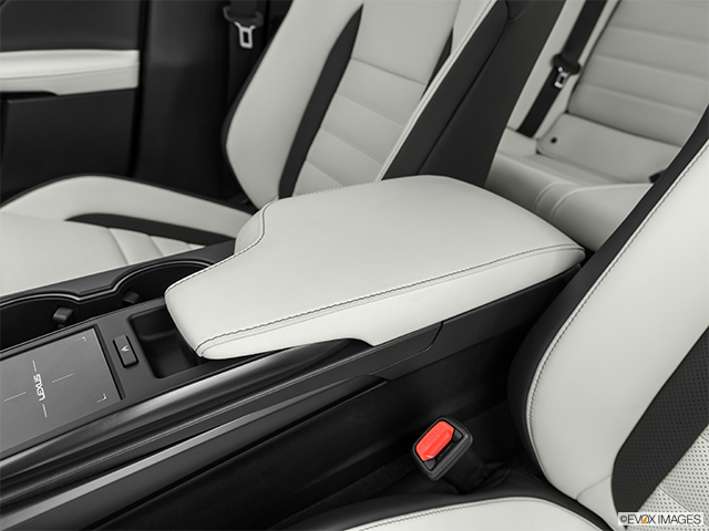 2023 Lexus IS 500 | Front center console with closed lid, from driver’s side looking down
