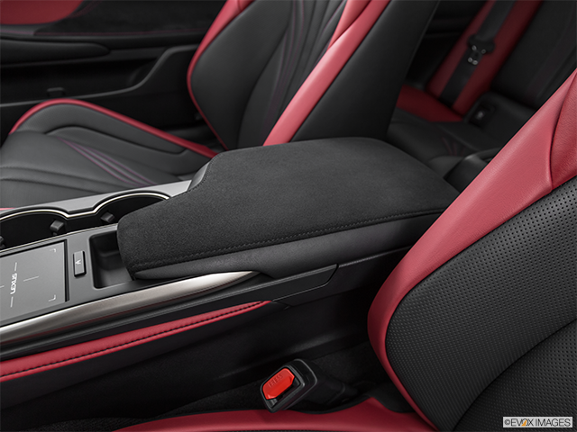 2022 Lexus RC F | Front center console with closed lid, from driver’s side looking down