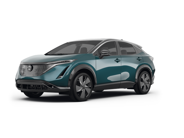 2023 Nissan Ariya Evolve+ e-4ORCE, front three-quarter view, paint 1 of 8