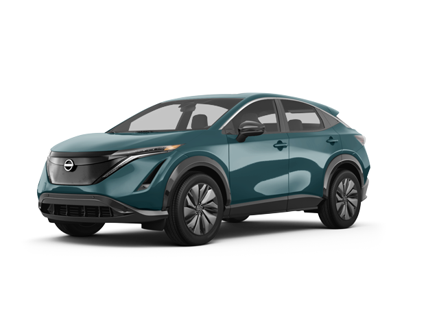 2024 Nissan Ariya Evolve+ e-4ORCE, front three-quarter view, paint 1 of 8