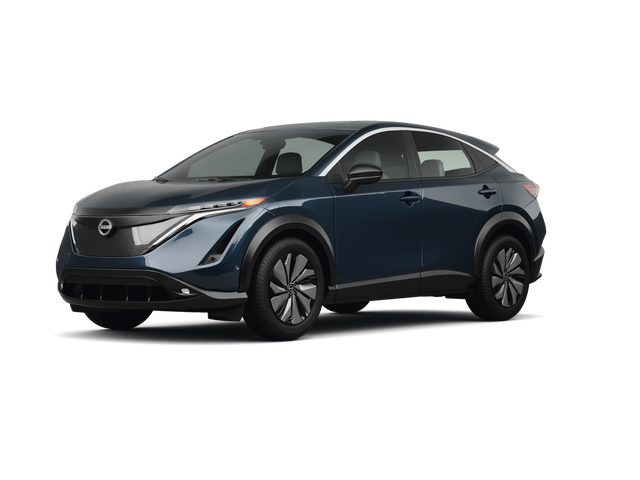 2024 Nissan Ariya Evolve+, front three-quarter view, paint 1 of 8