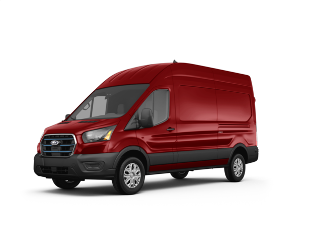 2022 Ford E-Transit 350 High Roof, front three-quarter view, paint 1 of 8