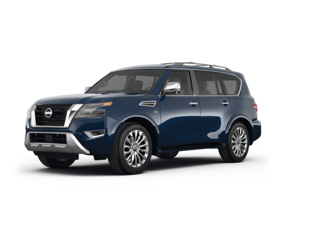 2021 Nissan Armada Platinum, front three-quarter view, paint 1 of 8