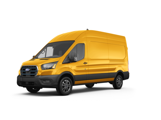 2023 Ford E-Transit 350 Medium Roof, front three-quarter view, paint 1 of 8