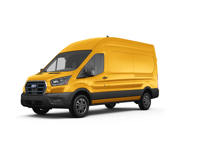2024 Ford E-Transit 350 Medium Roof, front three-quarter view, paint 1 of 8