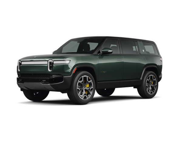 2025 Rivian R1S Tri, front three-quarter view, paint 1 of 8